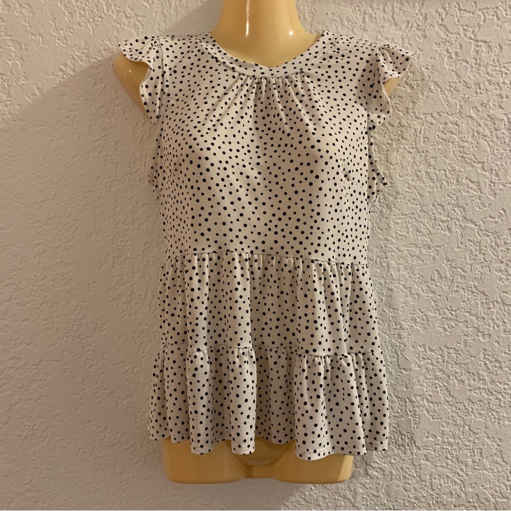 Monteau Women's Tiered Peplum Top Blouse Size S  White Black Polka Dot